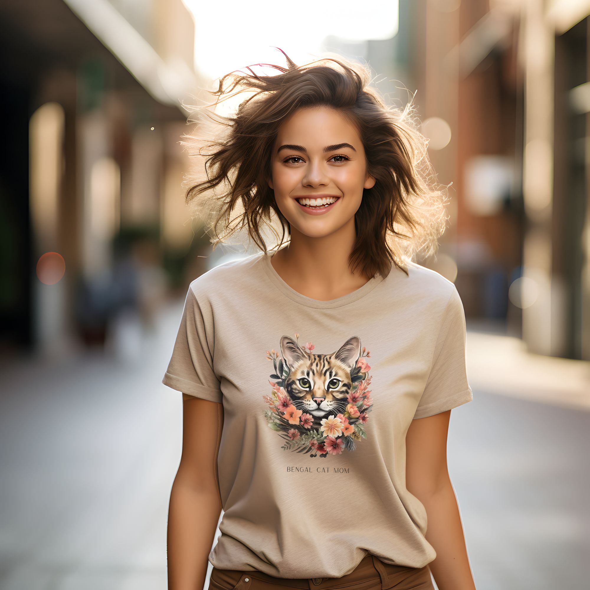 girl wearing bengal cat mom floral t-shirt