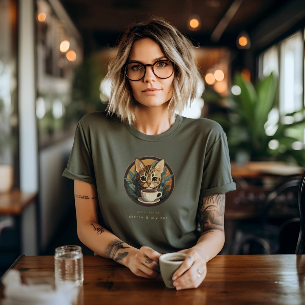 girl wearing cat and coffee t-shirt