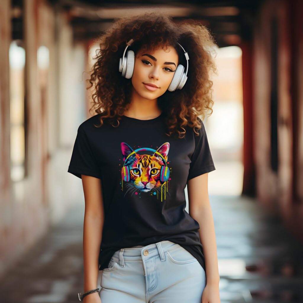 girl wearing cat with paint and headphones t-shirt