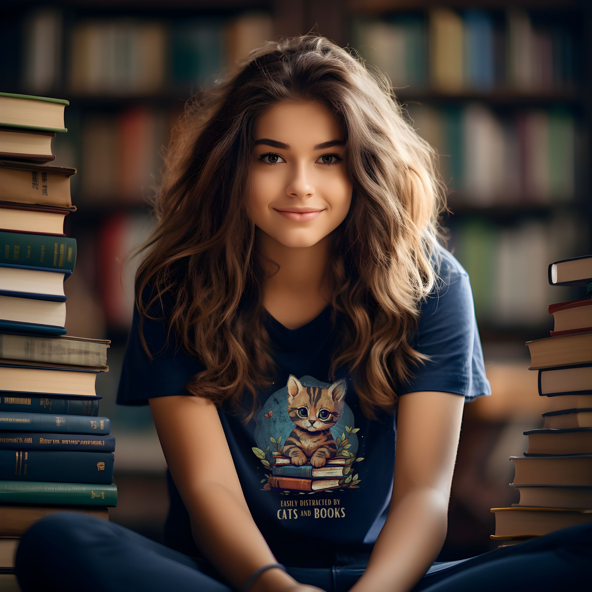 girl wearing easily distracted by cats and books t-shirt