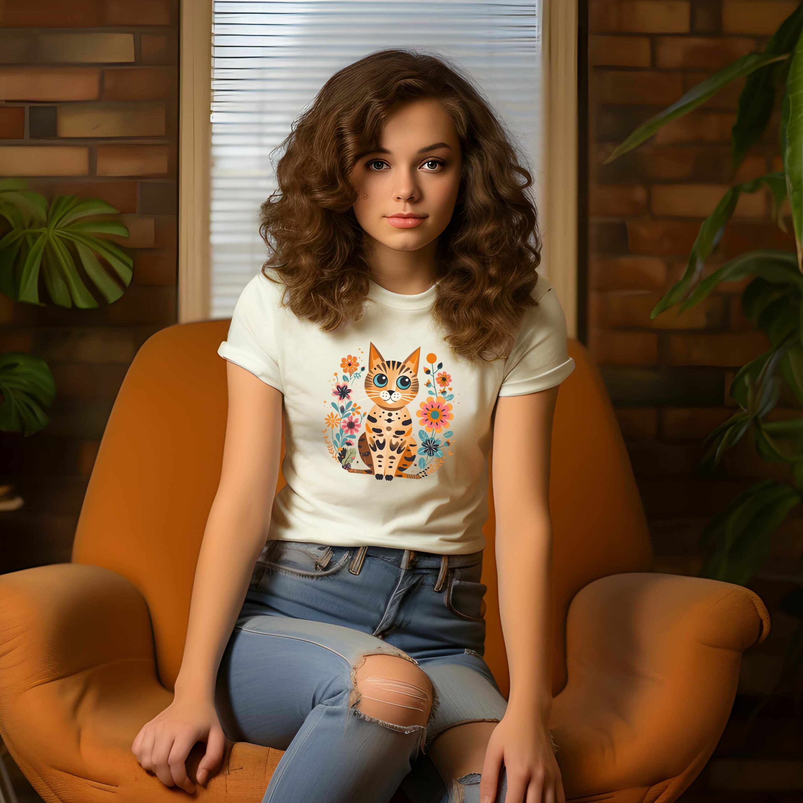girl waring groovy retro flowers cat t-shirt