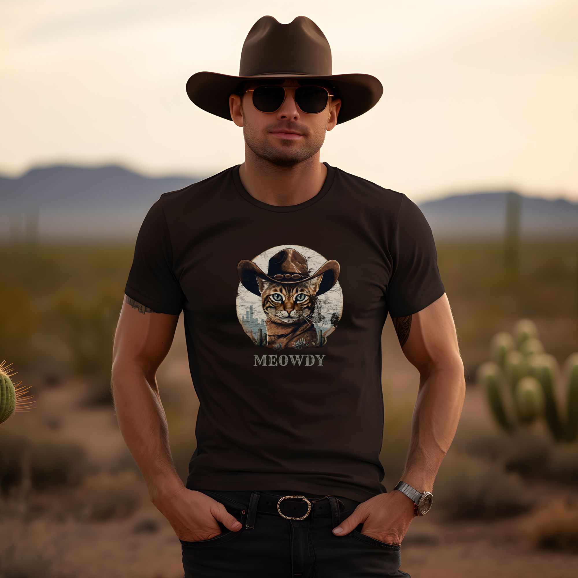 guy wearing meowdy cat t-shirt